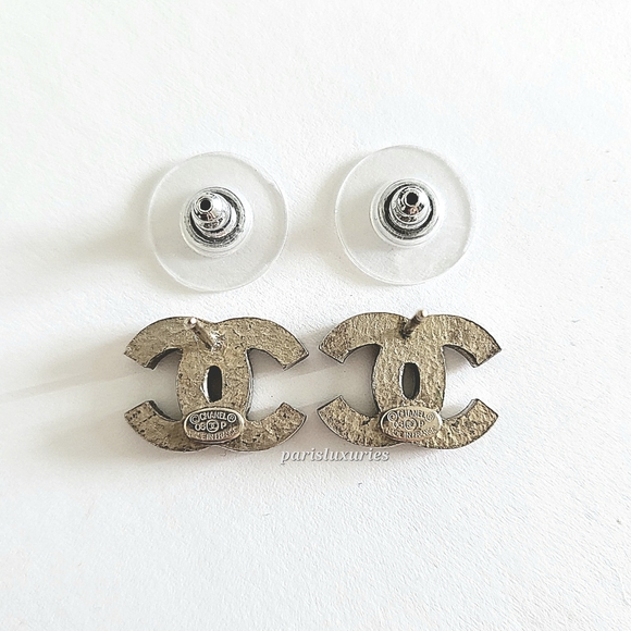 CHANEL Small Crystal Silver CC Turquoise Blue Green Rhinestone Studs Earrings - Picture 2 of 7